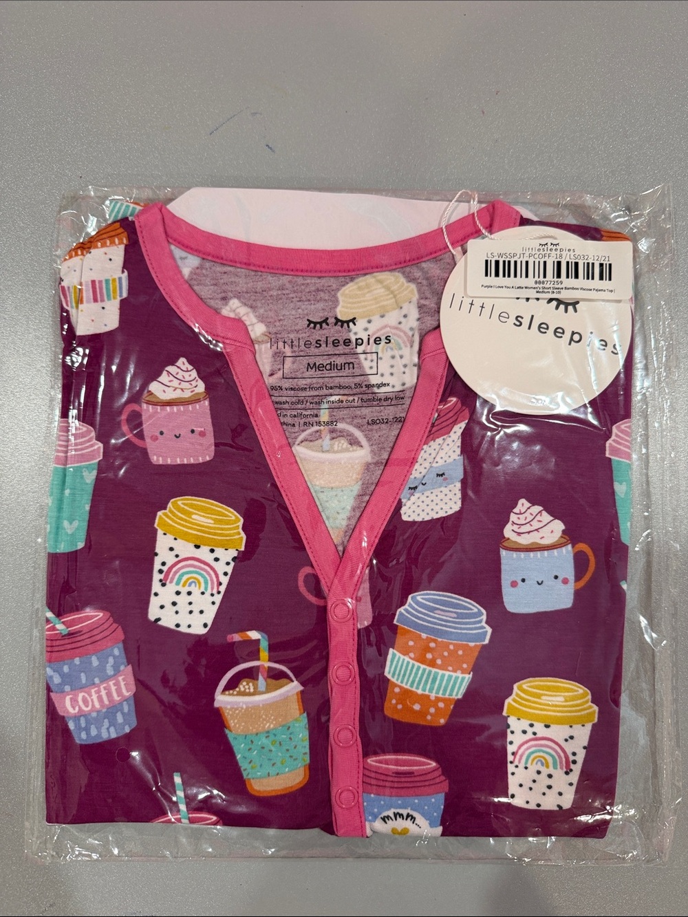 Little Sleepies Bamboo Women’s I Love You a Latte Short Sleeve Pajama Top M NWT
